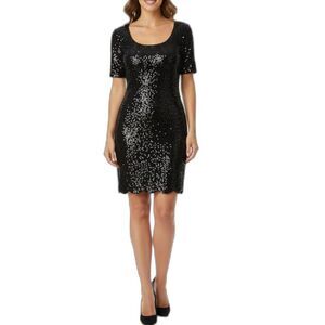 NiteLine Women's Black Sequined Short Sleeve Sheath Mini Cocktail Dress Sz 12